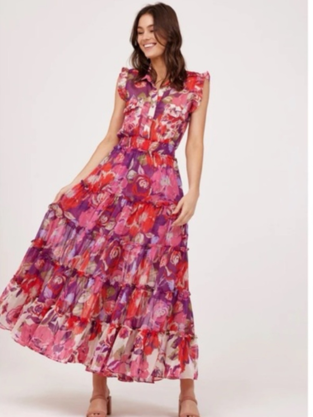 MISA Los Angeles Trina Maxi Dress in Coming Up Roses Pink Ruffle Size Medium